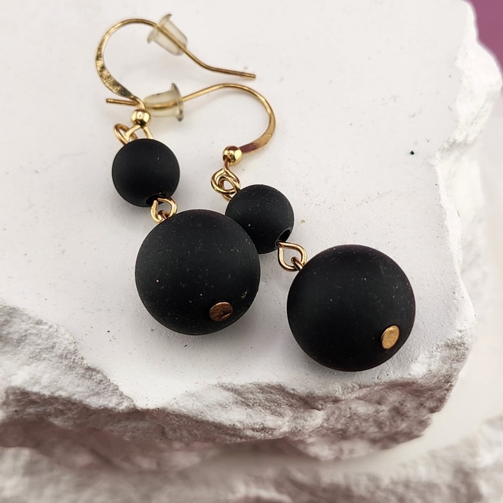 Black Matte Bead Dangle Earrings Gold Tone Round Drop Minimalist Modern Boho